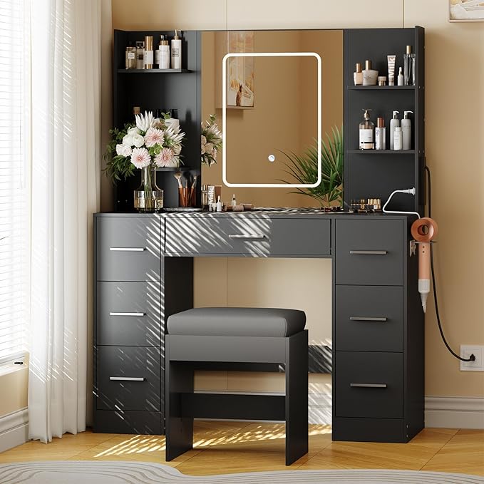 Hetoy Vanity Desk with Mirror and Lights - Makeup Vanity Desk with Chair - Dressing Table with 7 Drawers and Hair Dryer Rack for Bedroom