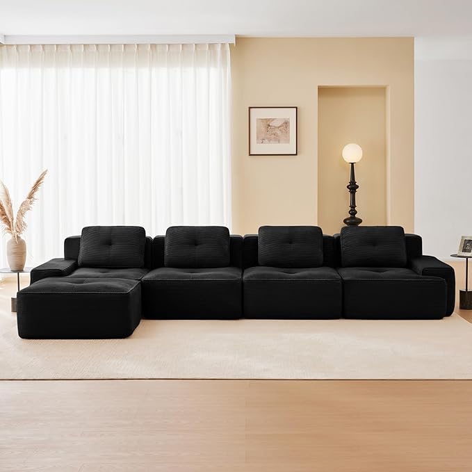 150" Modern Corduroy Cloud Sofa with Ottoman, L Shaped Boneless Modular Large Sectional Couches for Living Room, Black 4 Seater Compressed Memory Foam Couch, Extra Deep Seat, No Assembly