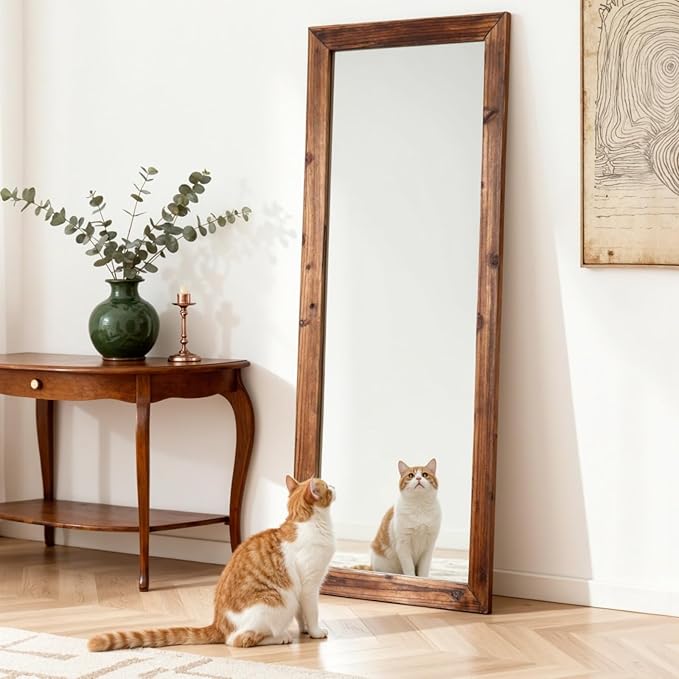 Yumyolk Full Length Mirror with Stand 64"x26" Large Vintage Wood Wall Mounted Mirrors for Bedroom Brown