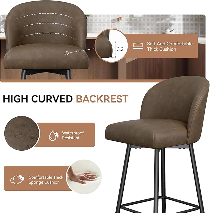 Counter Height Bar Stools Set of 2,360° Swivel Barstools with High Back and Metal Legs,26" Seat Height, Upholstered PU Leather Bar Chairs for Kitchen Island, Dining Room,Cafes,Dark Brown