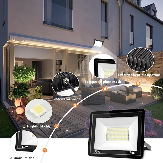 50W LED Flood Light Outdoor 6500K Daylight White,12000LM Super Brighter LED Work Light,IP66 Waterproof Security Light with Switch and Plug for Garage, Garden, Yard, Stadium