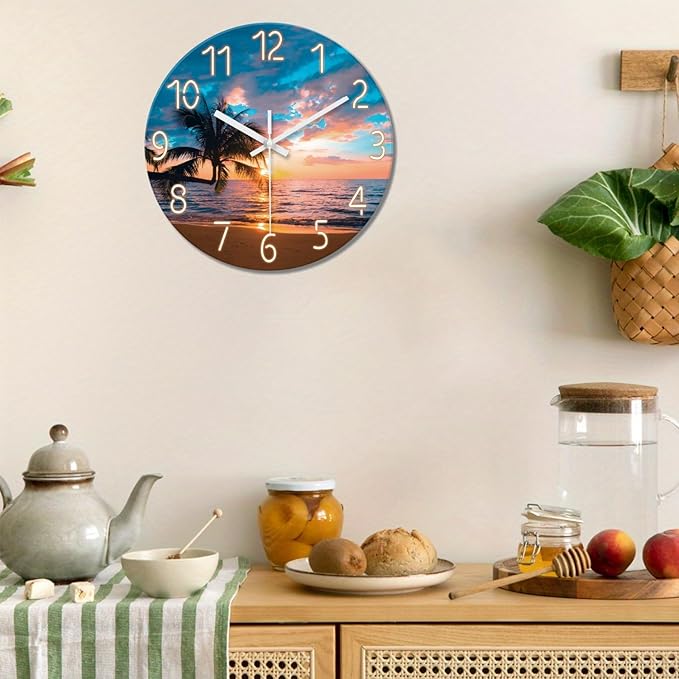 XFM Beach Wall Clocks Battery Operated 16 Inch Silent Non-Ticking Wall Clock Sunset Palm Tree Coastal Wall Clock for Bedroom Living Room Office Decor