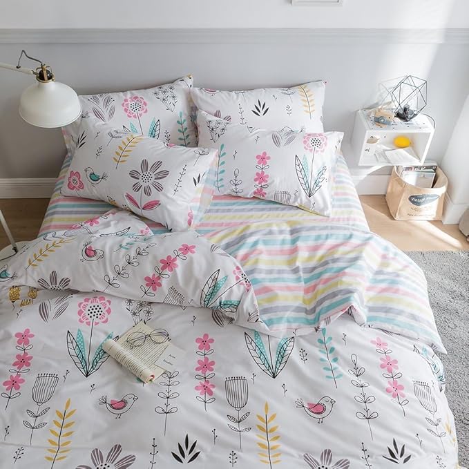 Floral Girls Duvet Cover Twin Boho Floral Bird Print Bedding Sets Garden Style Cotton Comforter Cover Reversible Striped Bedding Sets Kids Teens Bedroom Comforter Cover Aesthetic Duvet Cover Set