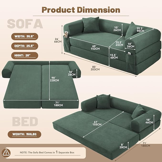 Convertible Futon Sofa Bed,80" Folding Pull Out Couch with Pillows & Storage Pocket, Oversized Queen Sleeper Sofa in a Box,Corduroy Boneless Couch for Living Room,Light Green