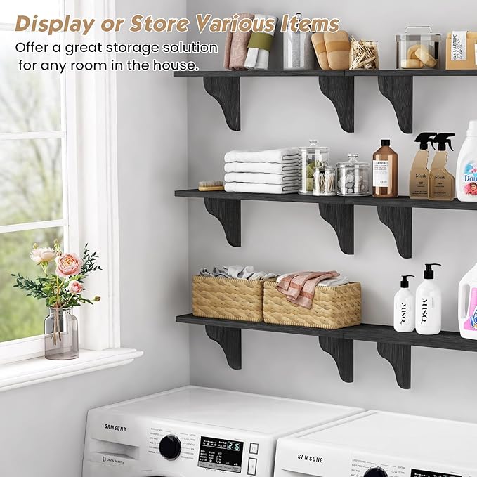 Forbena Wall Mounted Shelves for Bedroom 24 Inches Long, 8 Inch Deep Floating Shelves for Wall, Large Hanging Arched Shelf for Kids Bathroom Living Room Office Decor Plants Books (3-Pack, Black)