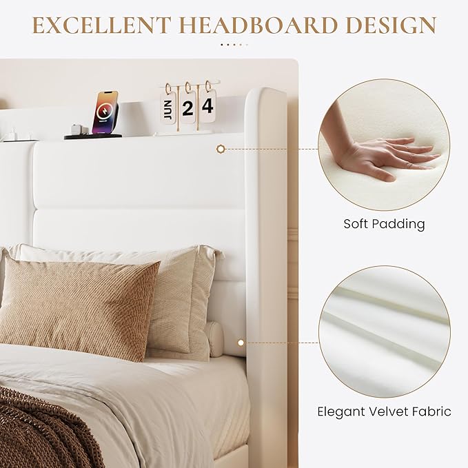 SHA CERLIN Full Size Bed Frame with Charging Station & Storage Headboard, Velvet Platform Bed with Upholstered Modern Wingback Design, Wooden Slats Support, No Box Spring Needed, Easy Assembly, White
