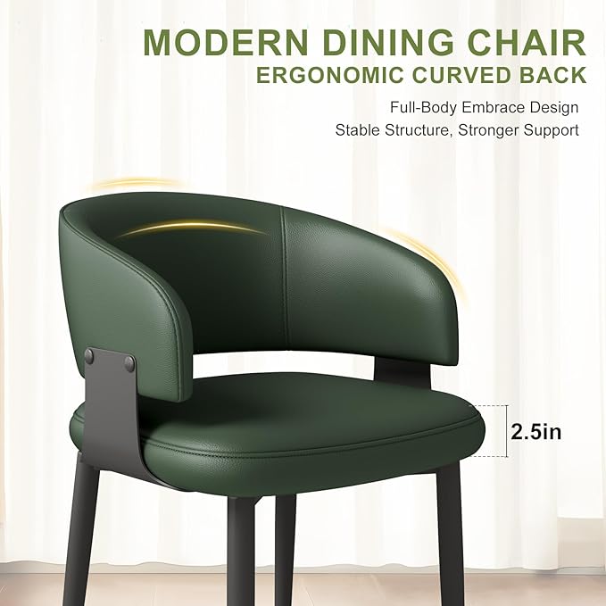 Modern Dining Chairs Set of 4, Faux Leather Upholstered Kitchen Chairs with Curved Back and Metal Legs, Mid Century Chairs for Dining Room, Kitchen, or Café (Green)