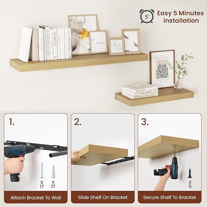 Vivelove 12 Inch Deep Floating Shelves 24 inch Long, 24 x 12 Wide Wall Shelves with Invisible Brackets, Shelf for Bedroom Bathroom Living Room Kitchen Office Home Decor, Modern Shelf Set of 2, Oak