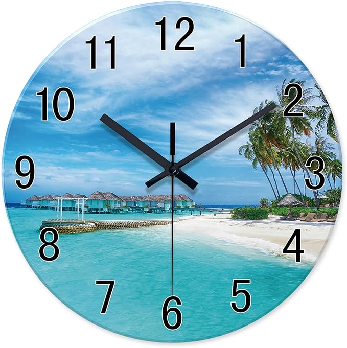 XFM Blue Beach Wall Clock 16 Inch Silent Wall Clocks Battery Operated Coastal Nautical Clock Decorative for Living Room Bedroom Bathroom