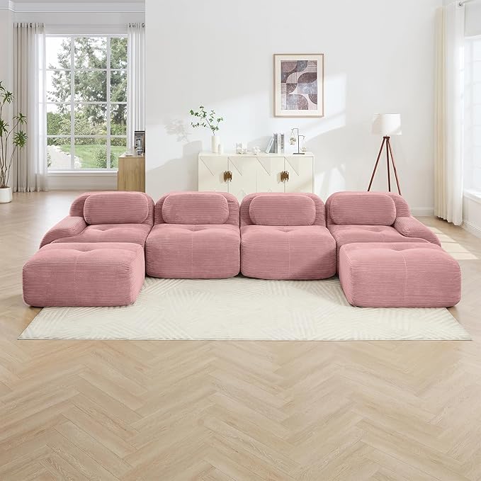 152" Modern Corduroy Cloud Sofa with Ottoman, U Shaped Boneless Modular Large Sectional Couches for Living Room, Pink 4 Seater Compressed Memory Foam Couch, Extra Deep Seat, No Assembly