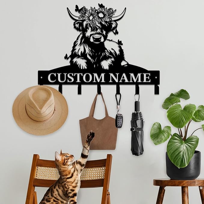 Personalized Highland Cow Metal Keys Hooks,Custom Name Metal Highland Cow Keys Hooks,Black Metal Highland Cow Wall Home Storage Decorative Keys Hooks,Key Holder Hooks for Wall (Style F)