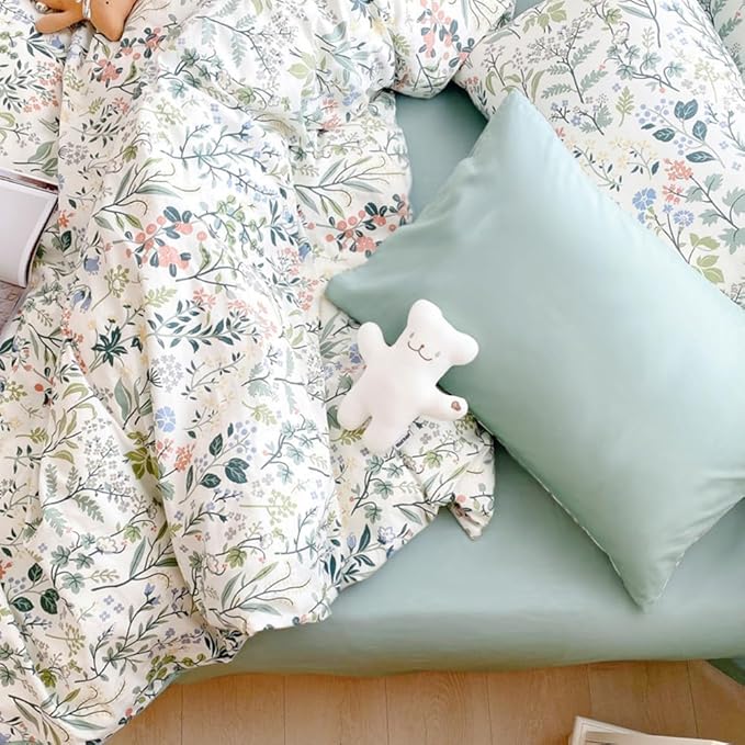Botanical Floral Duvet Cover Twin Fresh Soft 100% Cotton Comforter Cover Floral Print Cottagecore Bedding Set with 2 Pillowcases Vintage Country Wildflower Comforter Cover with Zipper Closure Twin