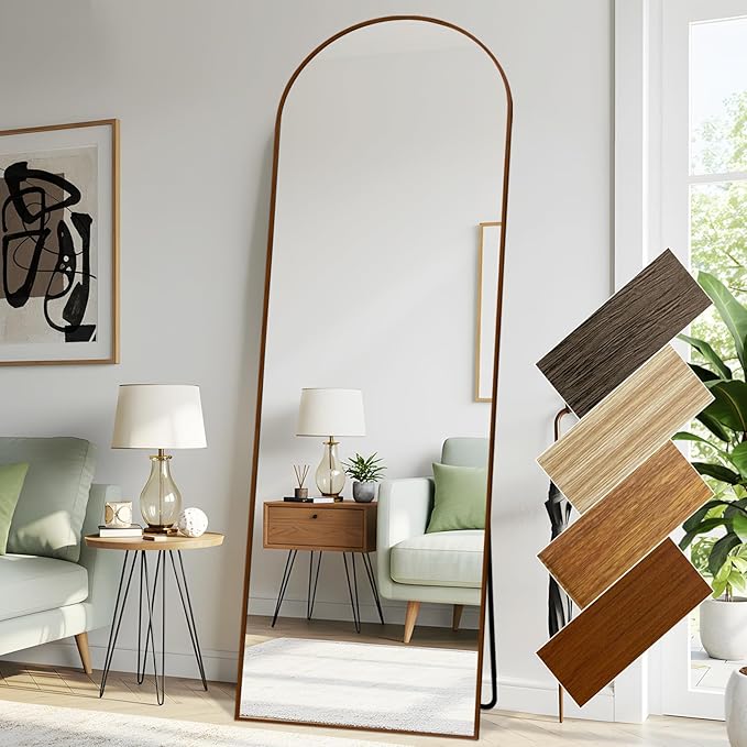 Arched 26x71 Inch Full Length Mirrors Aluminium Frame in Retro Reddish Brown Wood Looking Free Standing Floor Mirror Full Body Wall Mounted for Bedroom Living Room and Hallway