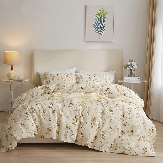 LIFETB Yellow Botanical Duvet Cover King Soft Cotton Floral Bedding Sets Chic Aesthetic Comforter Cover Vintage Garden Style Flower Print Duvet Cover Luxury Bedding Sets