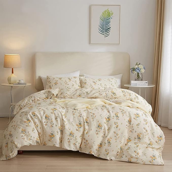 LifeTB Yellow Flower Duvet Cover Set Twin Girls Yellow Floral Duvet Cover Chic Garden Flower Bedding Sets Cotton Botanical Floral Duvet Comforter Cover 1 Twin Duvet Cover with 2 Pillow Shams