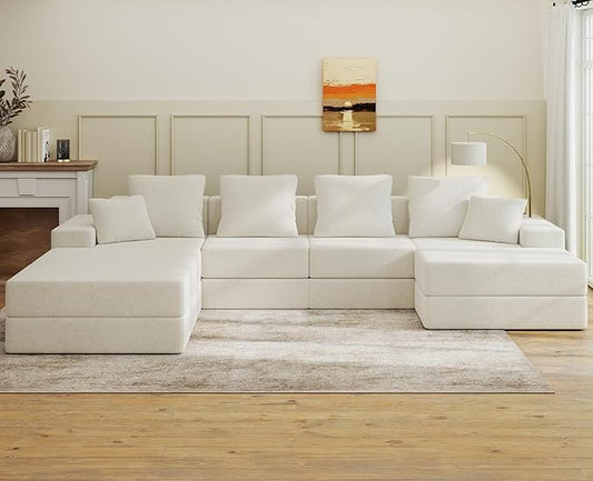 Living&Giving 128" U-Shaped Cloud Sectional Couch for Living Room, Cloud Boneless Couch-No Assembly with Reversible Chaise, Customizable 4-Seat Modular Sectional Sofa with 3 Ottoman, Beige