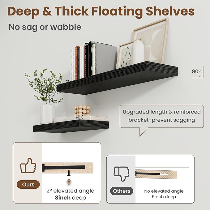36 Inch Floating Shelves for Wall, 8 Inch Deep Floating Shelf for Storage & Display, Rustic Wall Mounted Shelf with Invisible Brackets for Living Room, Kitchen, Bathroom, Home Decor, Set of 2, Black