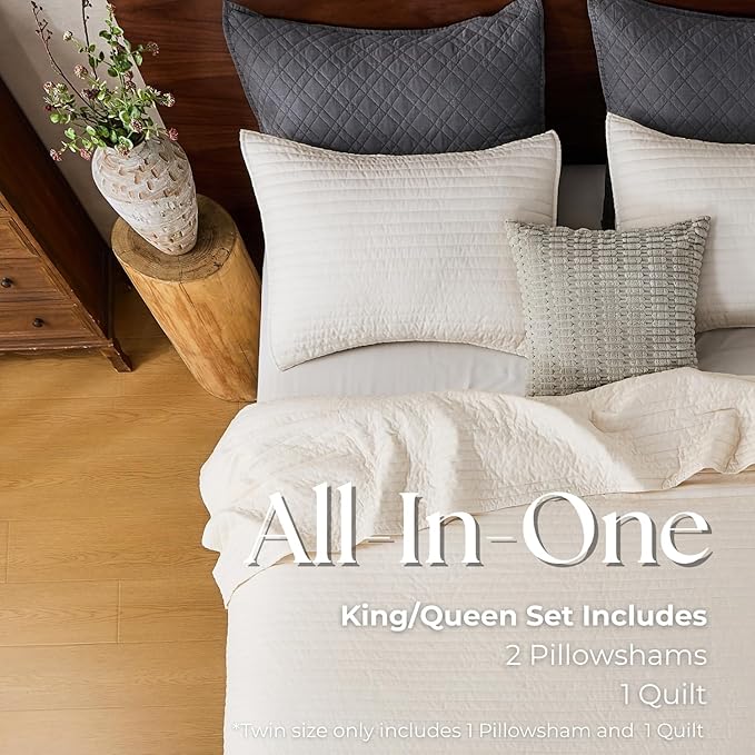 DOWN HOME King Quilt Bedding Set with Shams, Vintage Washed Soft Quilted Blanket Thin Comforter Lightweight Bedspread Coverlet Bed Cover, Brushed Microfiber Stripe Stitching, Linen White, 104"x90"