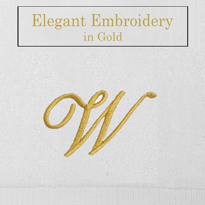 White Monogrammed Hand Towels for Bathroom - Luxury Hotel Quality Personalized Initial Embroidered Towel for Powder Room, Spa - GOTS Organic Certified - Set of 2 Gold Letter W