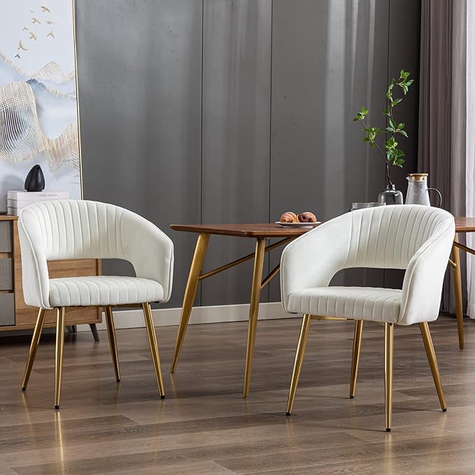 Beige Velvet Dining Chairs Set of 2, Upholstered Gold Dining Chairs with Tufted Back, Modern Dining Room Chairs with Gold Legs, Accent Arm Chairs Kitchen Chairs for Dining Room Reception