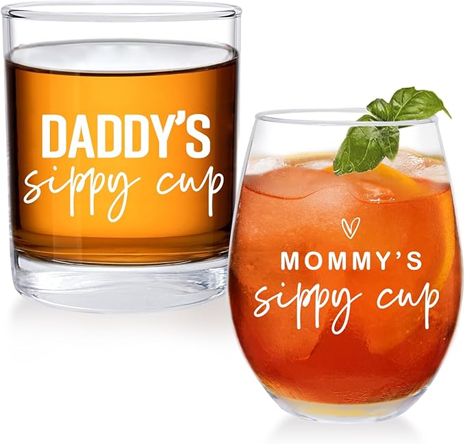 Mommy Daddy's Sippy Glass Cup for Couples,Parents,Newlywed,Stemless Wine Glass and Whiskey Glass Gifts for Women,Men,Mom,Dad,Birthday Christmas Thanksgiving Gift for Parents To Be -2