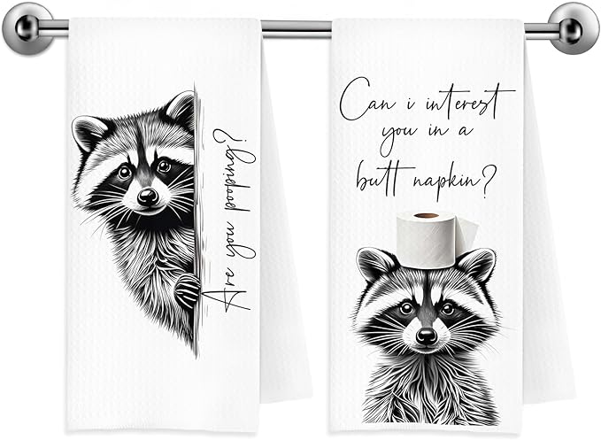 Funny Raccoon Hand Towels, Raccoon Bathroom Decor, are You Pooping Trash Panda Bears Animal Decorative Hand Towels for Bathroom Washroom Restroom Toilet, 16x24 Inch Set of 2