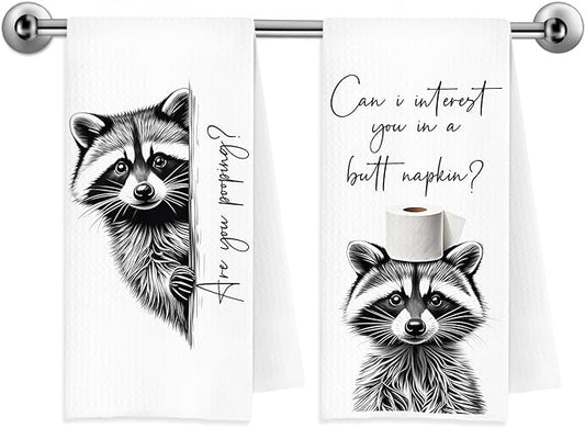 Funny Raccoon Hand Towels, Raccoon Bathroom Decor, are You Pooping Trash Panda Bears Animal Decorative Hand Towels for Bathroom Washroom Restroom Toilet, 16x24 Inch Set of 2