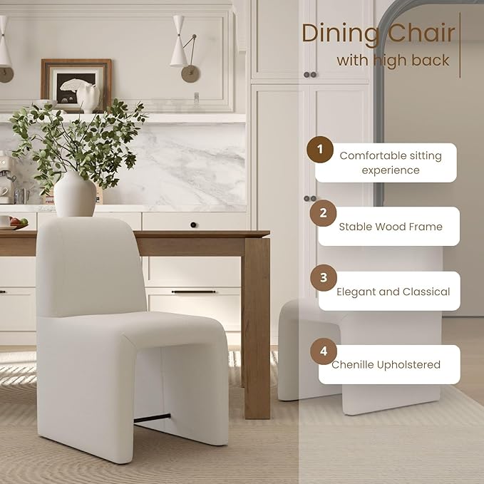 White Upholstered Chenille Dining Chairs Set of 6, Mid Century Modern Dining Room Chairs with Deep Seat & Curved Back, Armless Side Chair Comfy Kitchen Chairs for Living Room/Kitchen