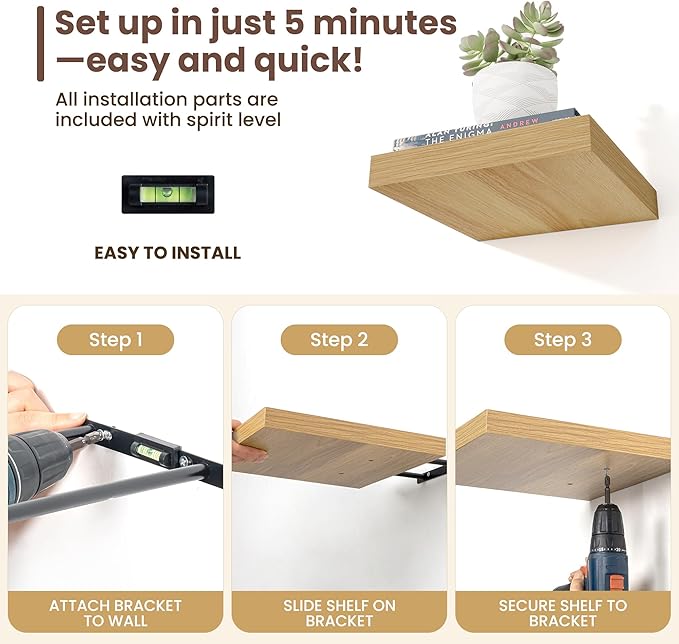 Fun Memories Floating Shelves for Wall - 7.5 Inch Square Shelves with Invisible Brackets, Small Wall Shelf for Living Room, Bathroom, Bedroom, and Kitchen Decor，Oak Set of 3