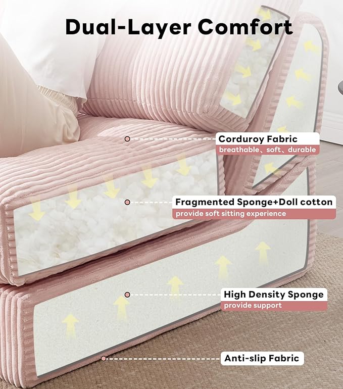 Tbfit Folding Sofa Bed, Convertible Sleeper Chair with Large Pillow, Corduroy Folding Couch Bed, Portable & Foldable Mattress Boneless Floor Sofa for Living Room, Bedroom, Office, Pink, Single