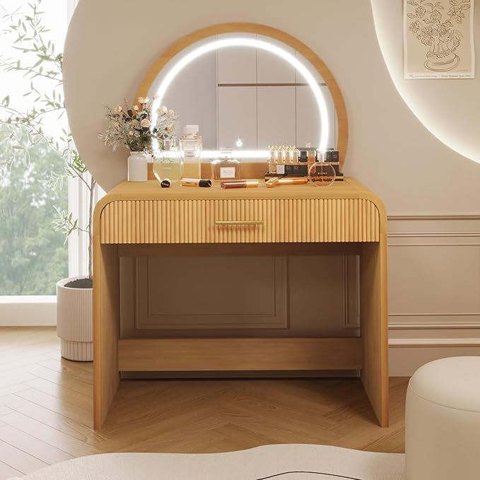 Merax 39" Make Up Vanity Desk with Touch Screen Lighted Mirror and Storage Drawer, Rubber Wood Girls Makeup Dresser Table for Bedroom, Dressing Room