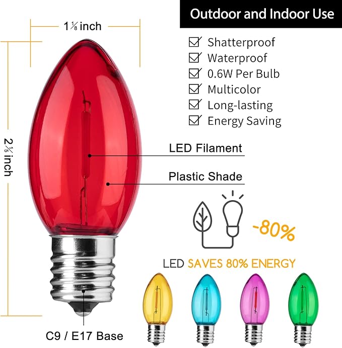 Brightown 25 Pack C9 LED Christmas Light Bulbs - Colored Shatterproof Replacement for String Lights, E17 Intermediate Base, Commercial Dimmable Holiday Multicolor Bulbs