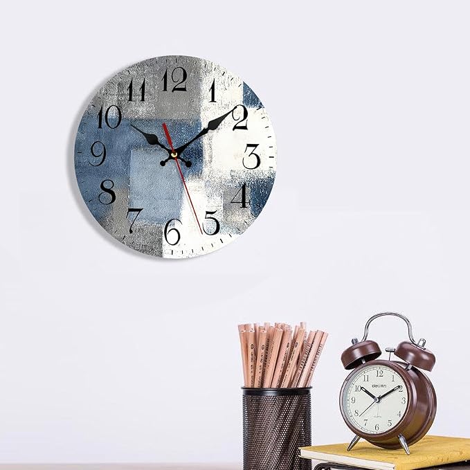 ArtSocket Wooden Wall Clock Silent Non-Ticking, Blue White Grey Abstract Painting Gray Vintage Modern Lines Round Wall Clocks Decor for Home Kitchen Living Room Office(12 Inch)