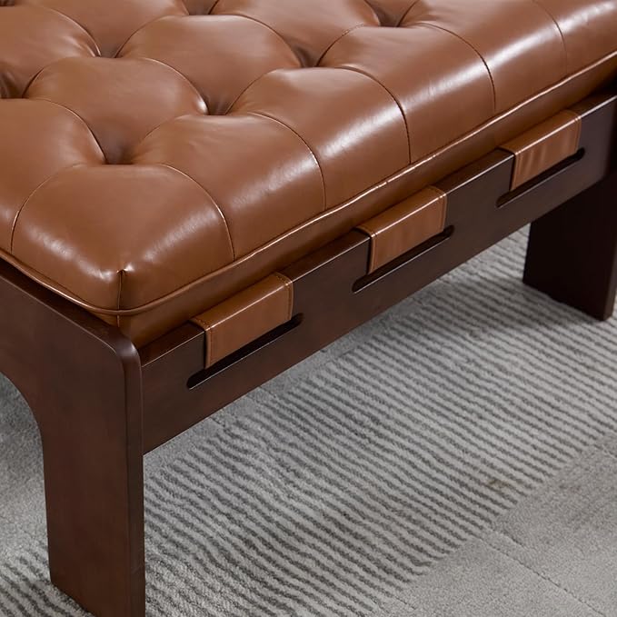 Kmax Coffee Table, 30 Inch Leather Ottoman Coffee Table Square Upholstered Dark Wood Center Table Tufted Tea Table, Oversized Footrest Stool for Living Room - PU, Brown