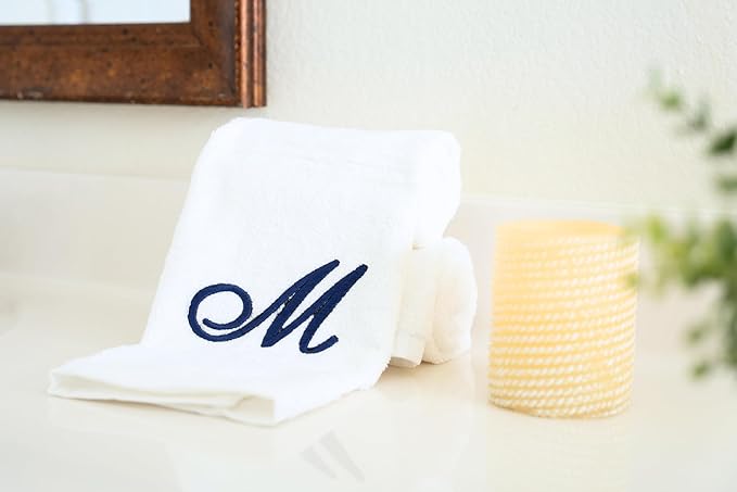 White Monogrammed Hand Towels for Bathroom - Luxury Hotel Quality Personalized Initial Embroidered Towel for Powder Room, Spa - GOTS Organic Certified - Set of 2 Navy Letter M