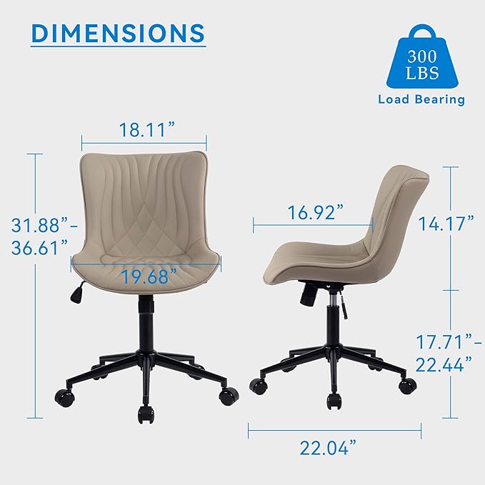 YOUNIKE Office Chair, Desk Chair with Wheels, Home Office Computer Task Chairs, Modern Faux Leather Padded Vanity Chair, Adjustable Swivel Armless Office Chairs with Back, Khaki