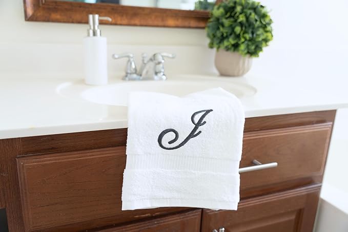 White Monogrammed Hand Towels for Bathroom - Luxury Hotel Quality Personalized Initial Embroidered Towel for Powder Room, Spa - GOTS Organic Certified - Set of 2 Dark Gray Letter J