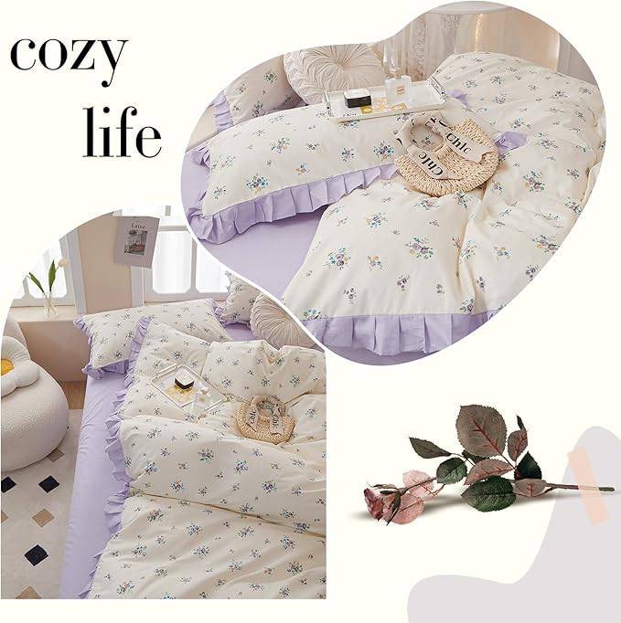 Lace Floral Duvet Cover Twin Cotton Purple Flower 3 Pieces Girls Comforter Cover Garden Style Princess Bedding Set Boho Botanical With Zipper Closure
