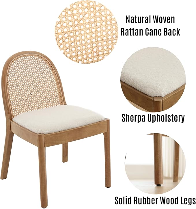 LukeAlon Modern Sherpa Dining Chairs Set of 4, Natural Woven Rattan Cane Back Side Chairs with Solid Wood Legs Mid Century Dinner Chairs for Kitchen Living Room, White