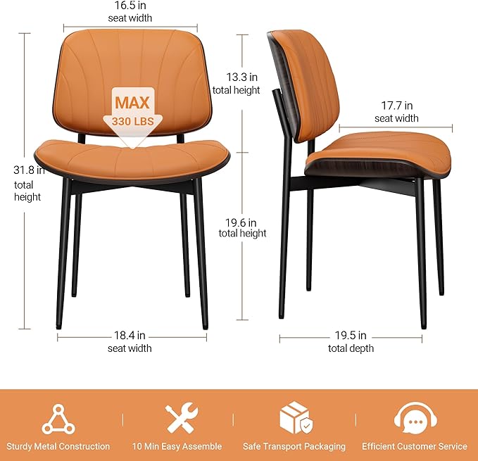 Dining Chairs Set of 6, Mid-Century Modern Upholstered PU Leather Chairs with Walnut Back and Metal Legs Adjustable Feet for Kitchen Dining Room, Orange Shell Strips