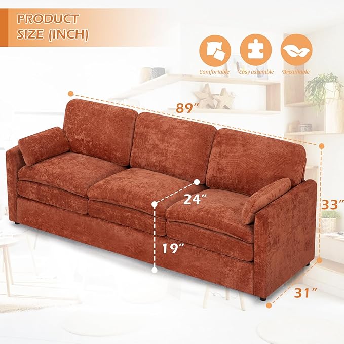3 Pieces Chenille Sofa Set w/Arm Pillows, Upholstered 2 Pieces Loveseat & 3 Seater Sofa w/Comfortable Back Cushions, Modern 2-Seat & 3-Seat w/High-Density Foam for Living Room, Orange
