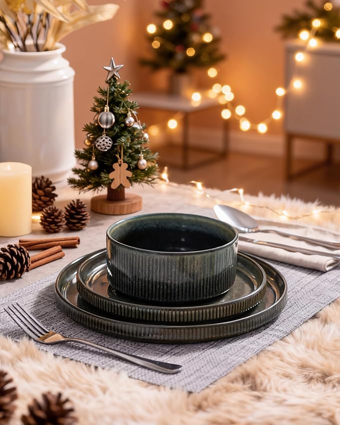 famiware Star Dinnerware Set, Plates and Bowls Sets for 8 (24pcs), Ribbed Stoneware Dishes - Chip & Scratch Resistant, Microwave & Dishwasher Safe, Deep Forest