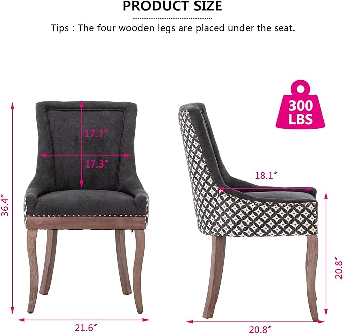 Farmhouse Dining Chairs Set of 4, Upholstered Fabric Dining Room Accent Chairs with Wood Legs & Bronze Nailhead, High Wingback Kitchen Chairs for Living Room Hotel Apartment, Black
