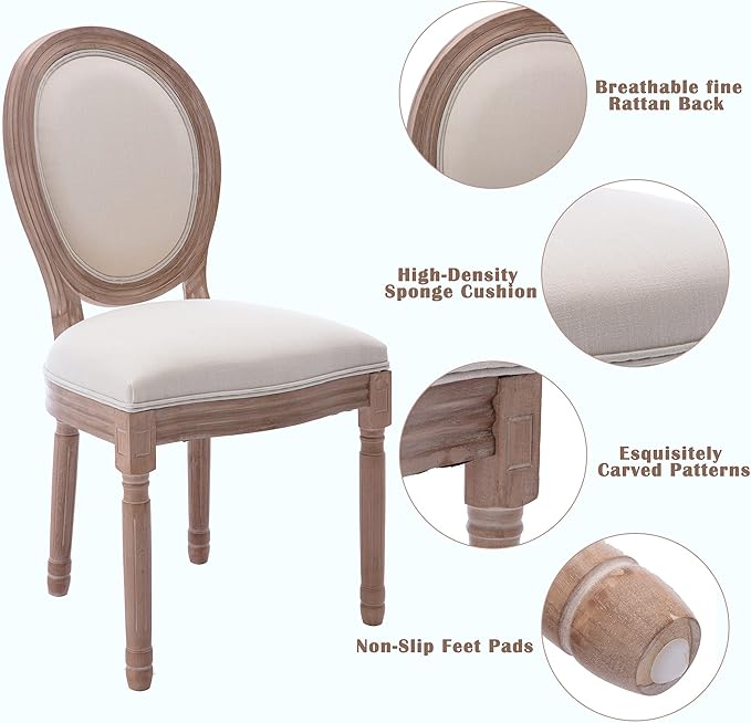 Nrizc French Dining Chairs Set of 2, French Country Dining Chairs, Vintage Farmhouse Dining Chairs with Round Back, Solid Wood Beige Fabric Dining Room Chairs, for Kitchen, Bedroom, Dining Room
