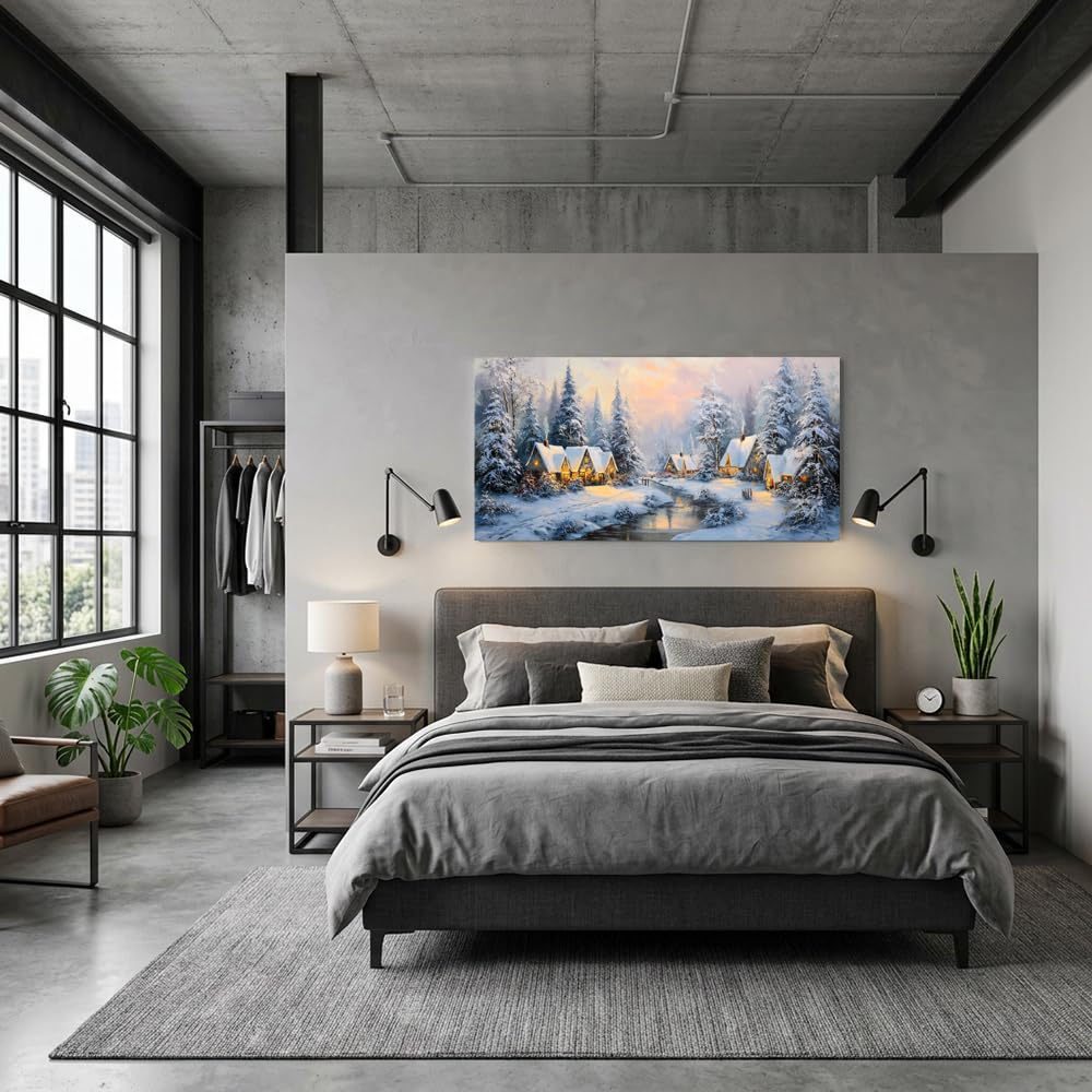 TEKMENT White Retro Cabin Wall Art for Bedroom Canvas Painting Prints Beautiful Snow Winter Forest Rustic Christmas Night Village Art Deco Nature Artwork Office Farmhouse Decor