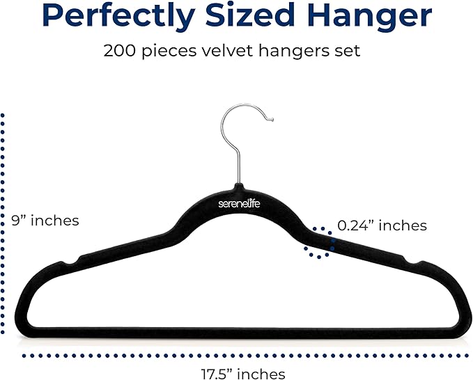 SereneLife 200 Pack Velvet Hangers - Non-Slip Felt Hangers with 360° Swivel Hook, Space-Saving, Ultra-Thin, Lightweight for Shirts, Sweaters, Hoodies, Kids Clothes & Dresses
