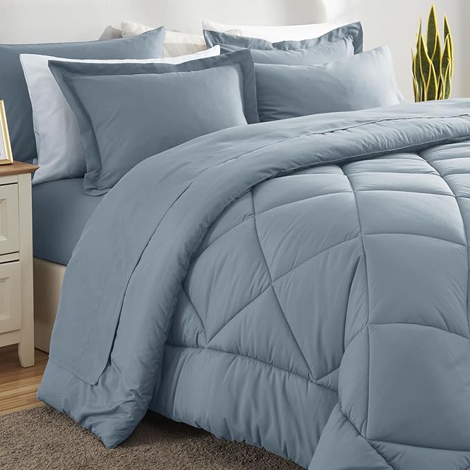 CozyLux King Size Comforter Set Dusty Blue - 7 Pieces Bed in a Bag King, Luxury Soft Bed Set for All Seasons, Bedding Set with Down Alternative Comforter, Sheets, Pillowcases & Shams, Grayish Blue