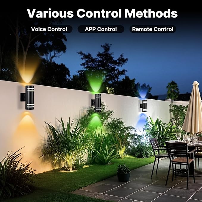 RGB Up and Down Lights Outdoor Wall Lights 2 Packs, Smart Color Changing Outdoor Wall Sconce WiFi Voice & App Control,Aluminum Waterproof Exterior Lights for Porch Compatible with Alexa