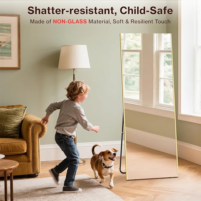 76"x34" Full Length Mirror with Stand, Shatterproof Lightweight Glassless Floor Mirror for Living Room Cloakroom Bedroom Kids Room Boutique Dorm Store, Child & Pet Friendly (Gold)