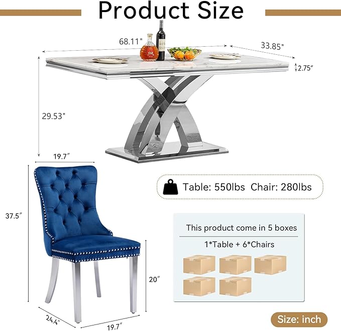 Goujxcy 68" Marble Dining Table Set for 6, Modern Rectangle Dining Room Table Set for 6, Luxury White Silver Marble Kitchen Table and Chairs Set of 6 for Living Room,Kitchen